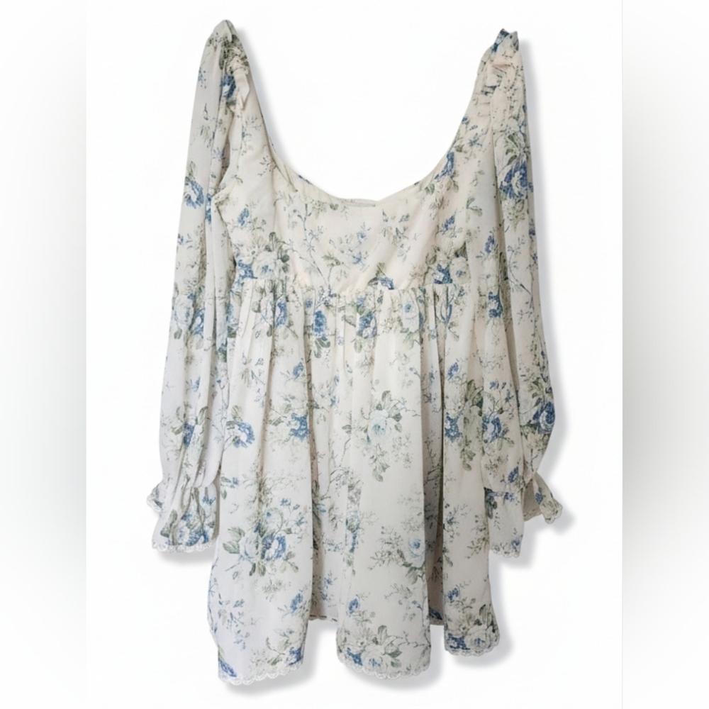Altar'd State Fern Floral Mini Dress Ivory Blue Babydoll Puff Sleeve Cottagecore - Picture 3 of 14